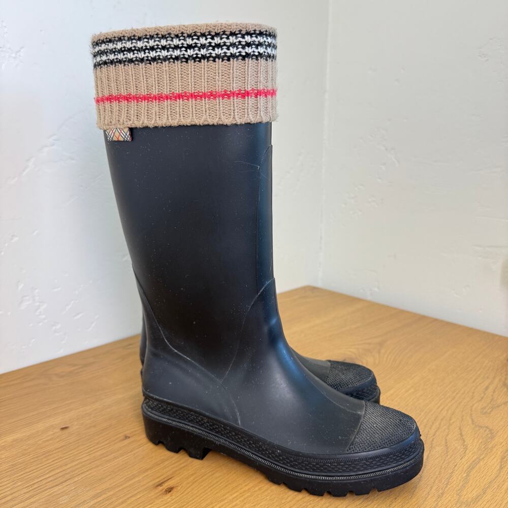 Burberry nova check knit top trim black rubber rain boots